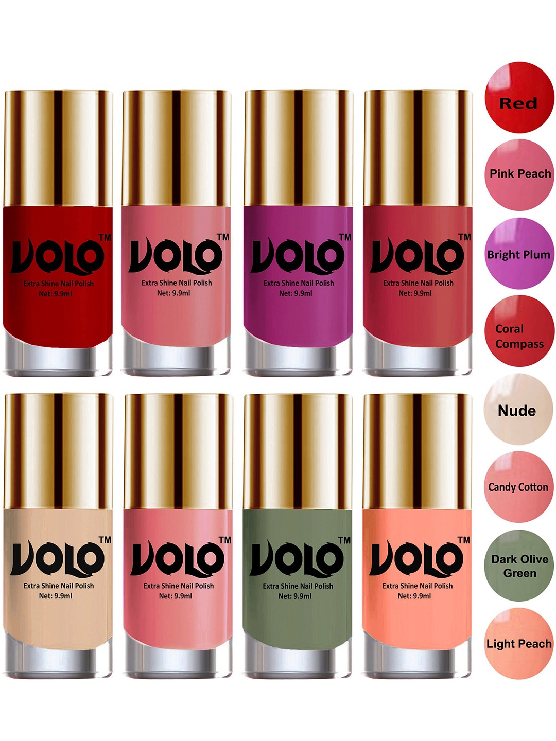 

VOLO Set Of 8 New Look Extra Lasting Nail Polish - 9.9 ml Each - Combo-No-21, Multi