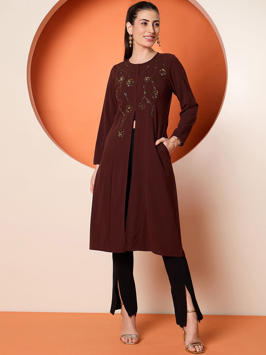 

Antheaa Women Self Design Bomber with Embroidered Jacket, Brown