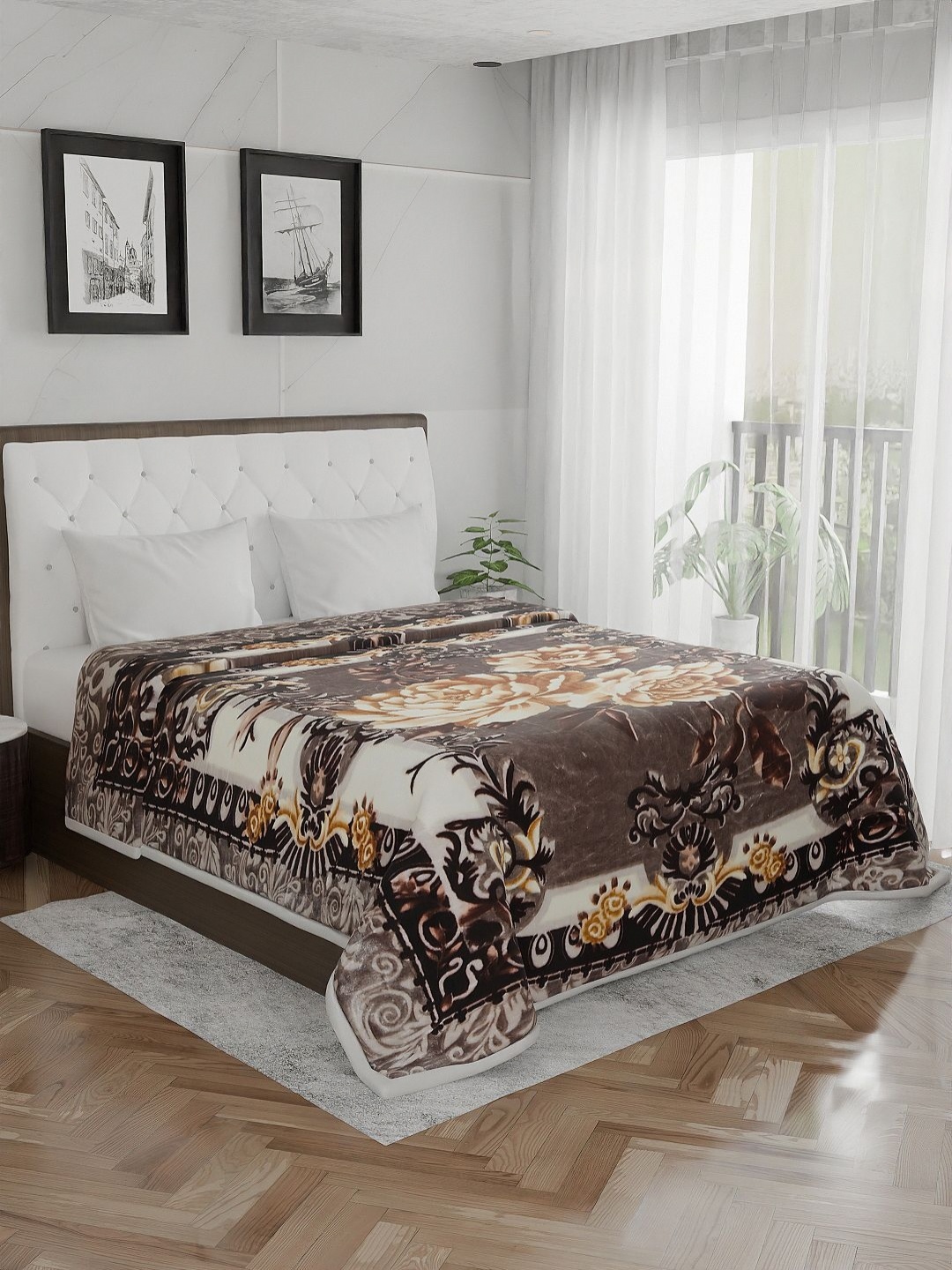 

Nivasam Gold-Toned & Grey 800 GSM Floral Mink Heavy Winter Double Bed Blanket