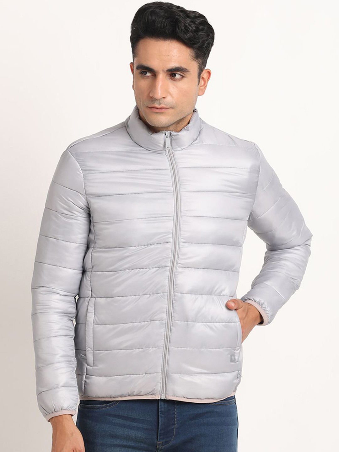 

Turtle Men Geometric Windcheater and Water Resistant Puffer Jacket, Grey