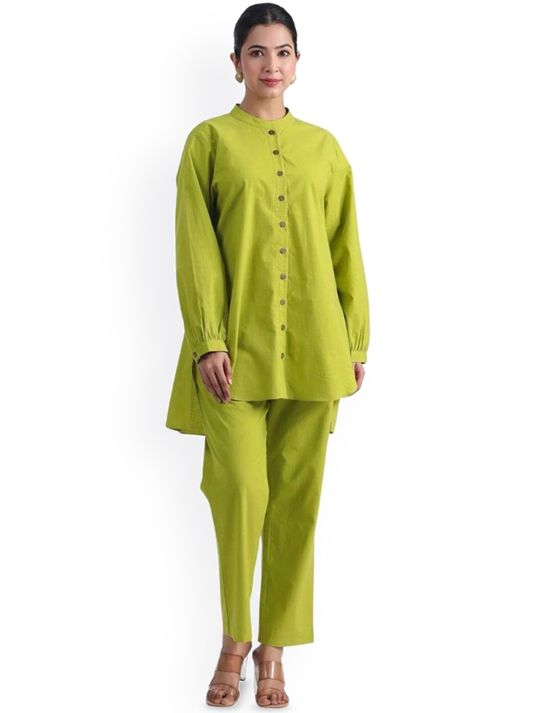 

JAIPURRANG Pure Cotton Mandarin Collar Kurta With Trousers, Green