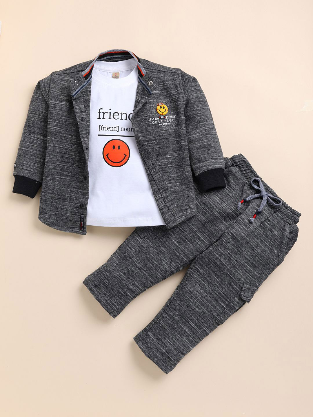 

BAESD Boys Printed Pure Cotton T-Shirt And Trousers With Jacket, Grey