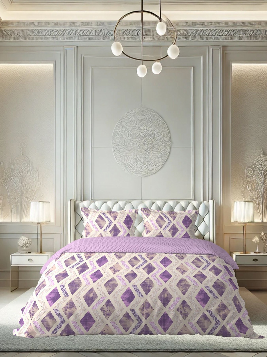 

borato Lavender & Off White Geometric Cotton144 TC Queen Bedsheet with 2 Pillow Covers