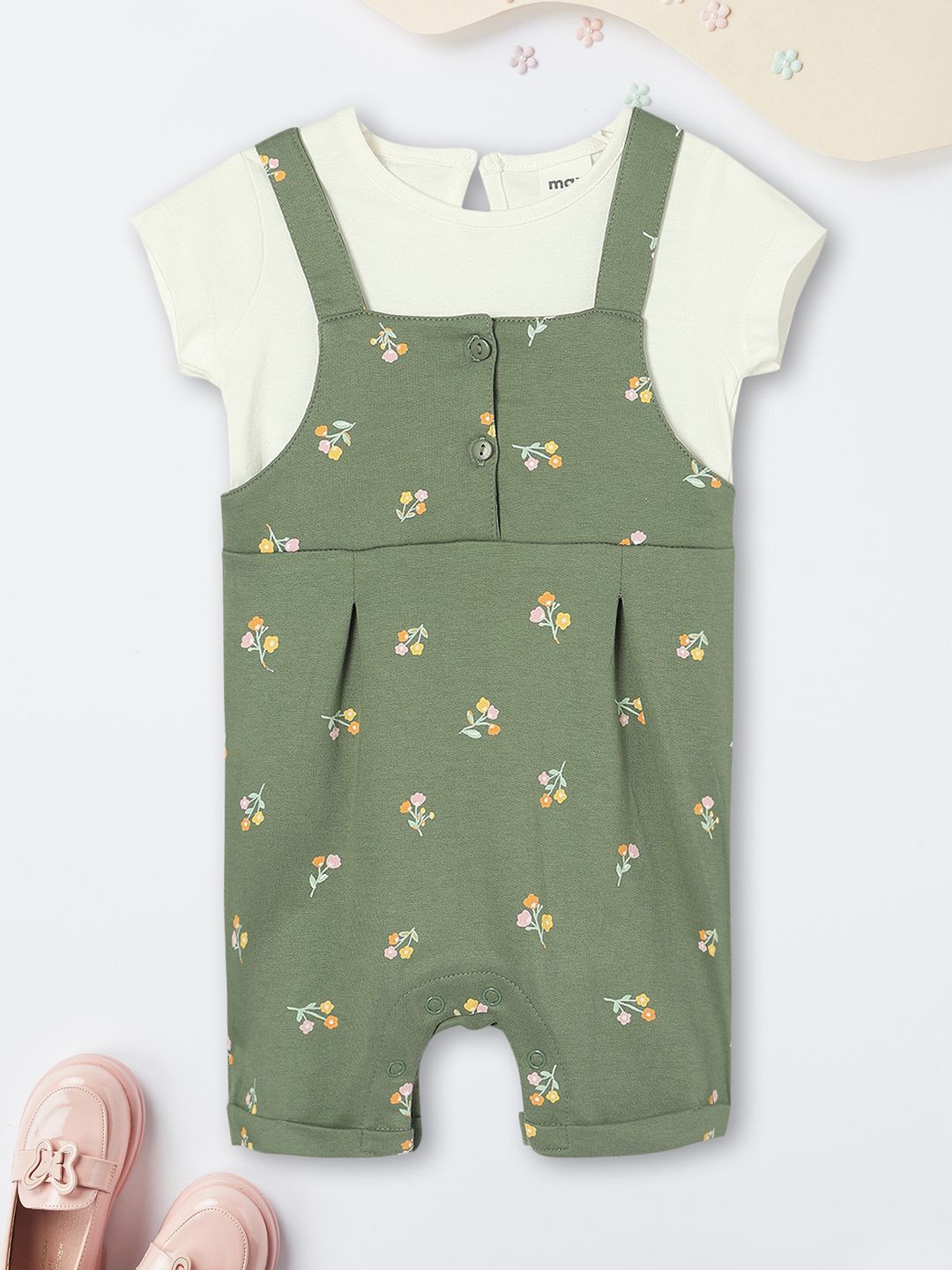 

max Boys Printed Shoulder Straps Neck Sleeveless Pure Cotton Romper With T-shirt, Olive