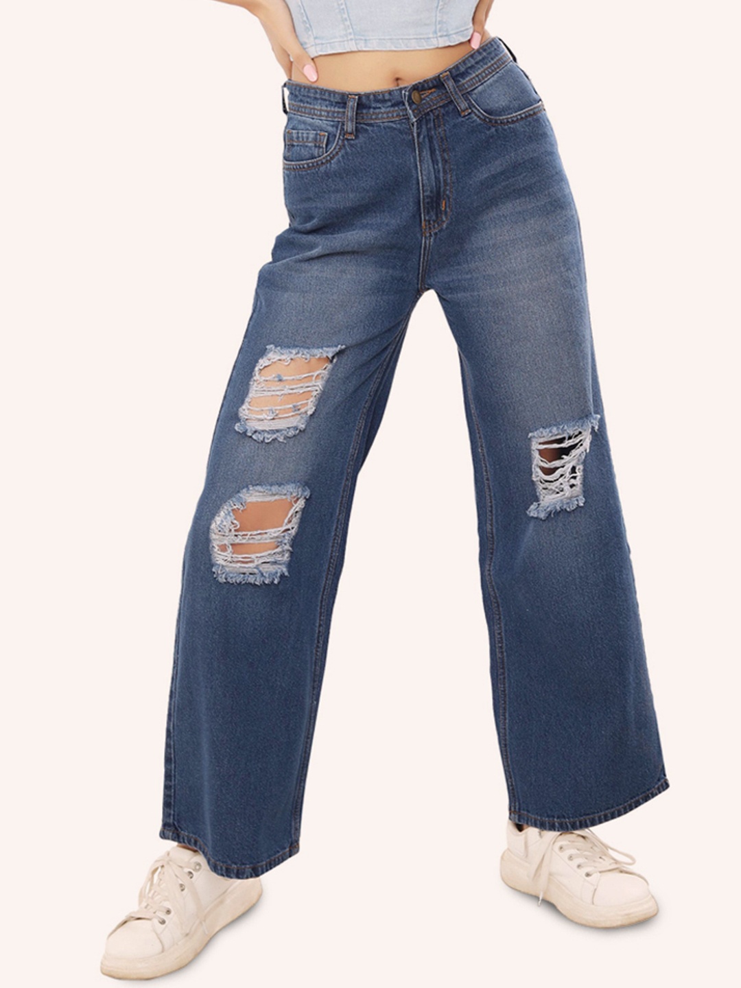 

THIRD QUADRANT Women Jean Wide Leg Highly Distressed Light Fade Jeans, Blue