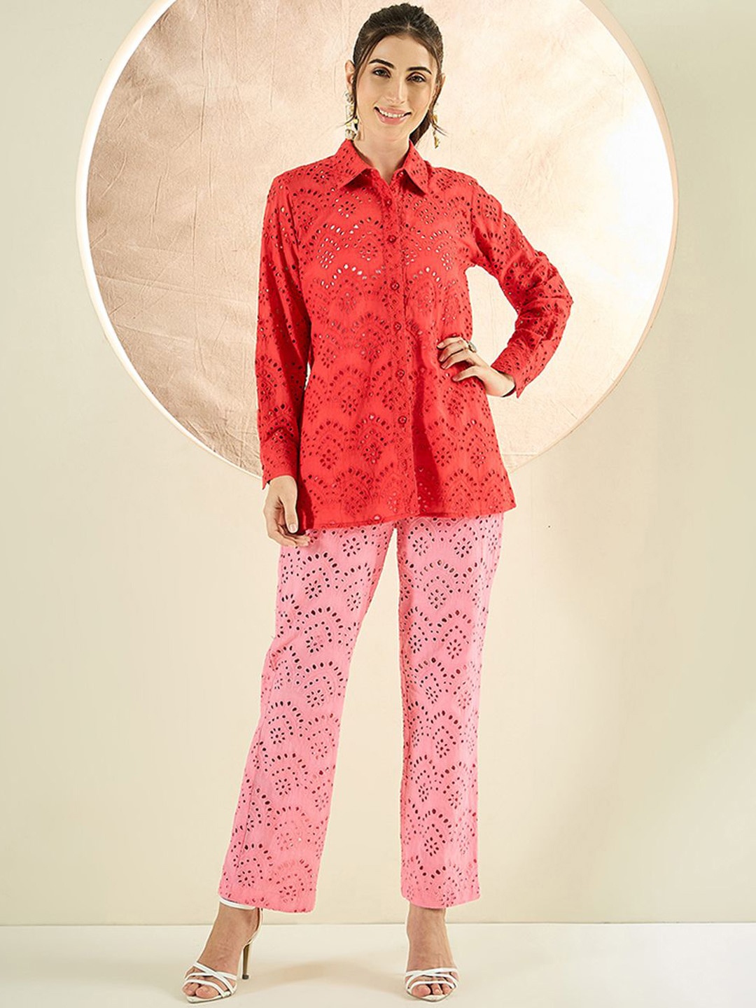 

First Resort by Ramola Bachchan Self-design Shirt With Trousers Co-Ords, Red