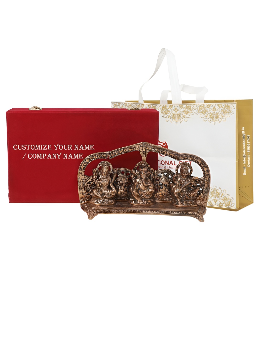 

INTERNATIONAL GIFT Copper-Toned Lakshmi Ganesh Saraswati Idol with Tag & Velvet Box