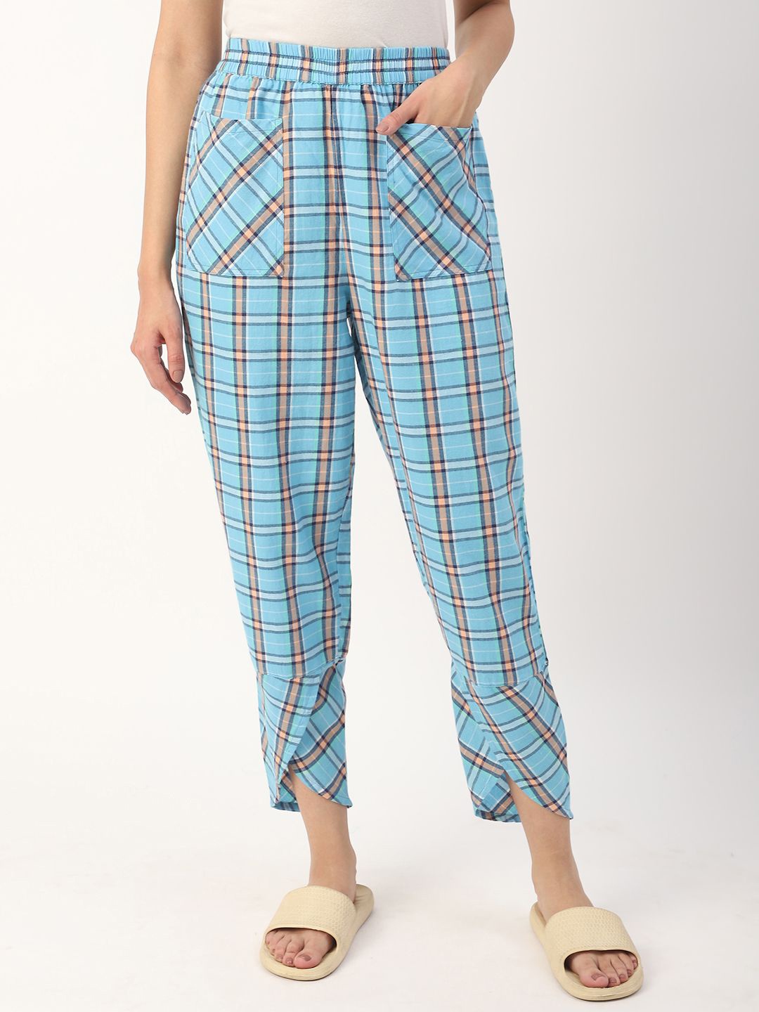 

Mystere Paris Women Checked Straight-Leg Lounge Pants, Blue