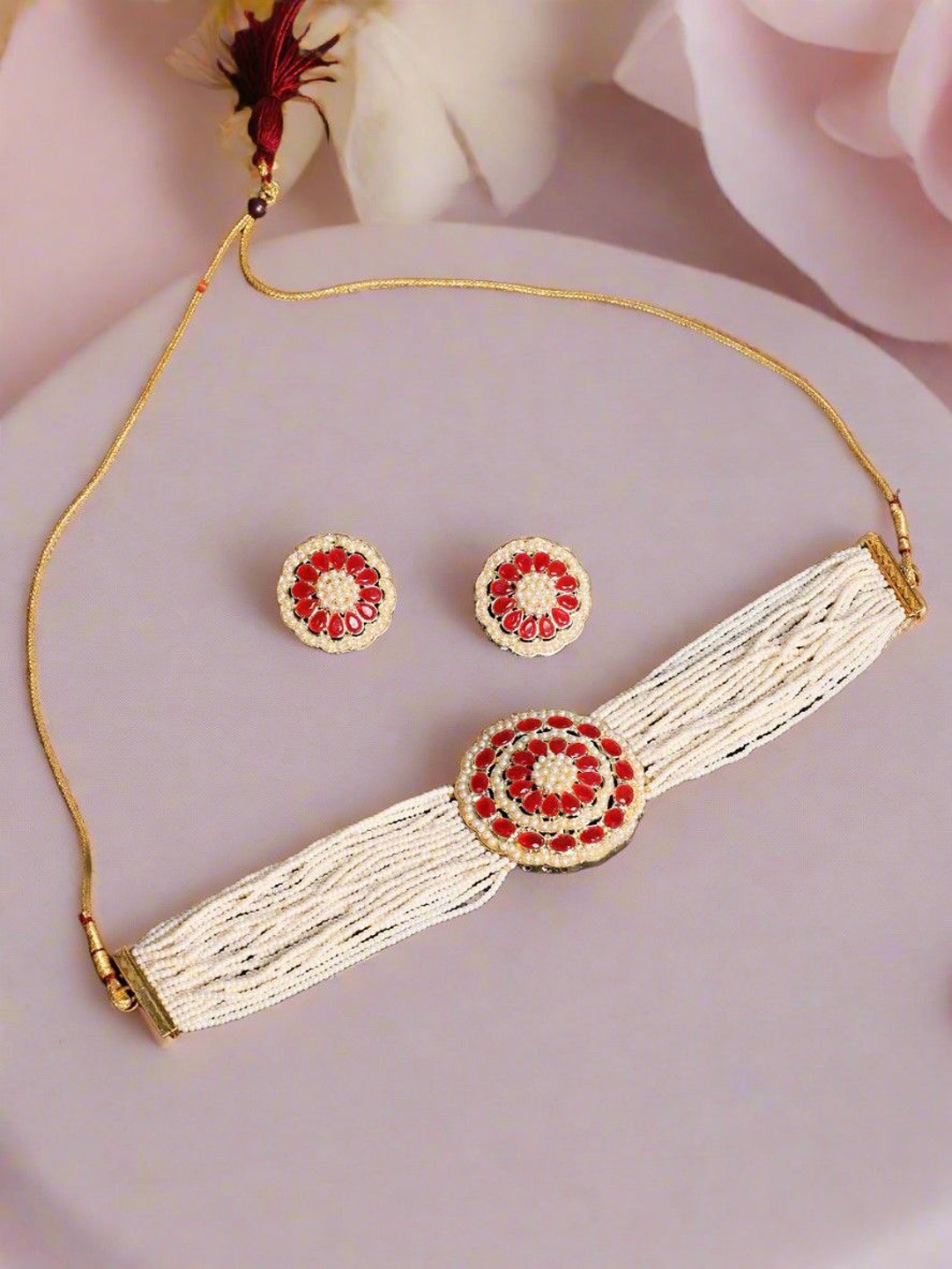 

Anouk Red Gold-Plated Kundan Stone-Studded & Beaded Choker Jewellery Set