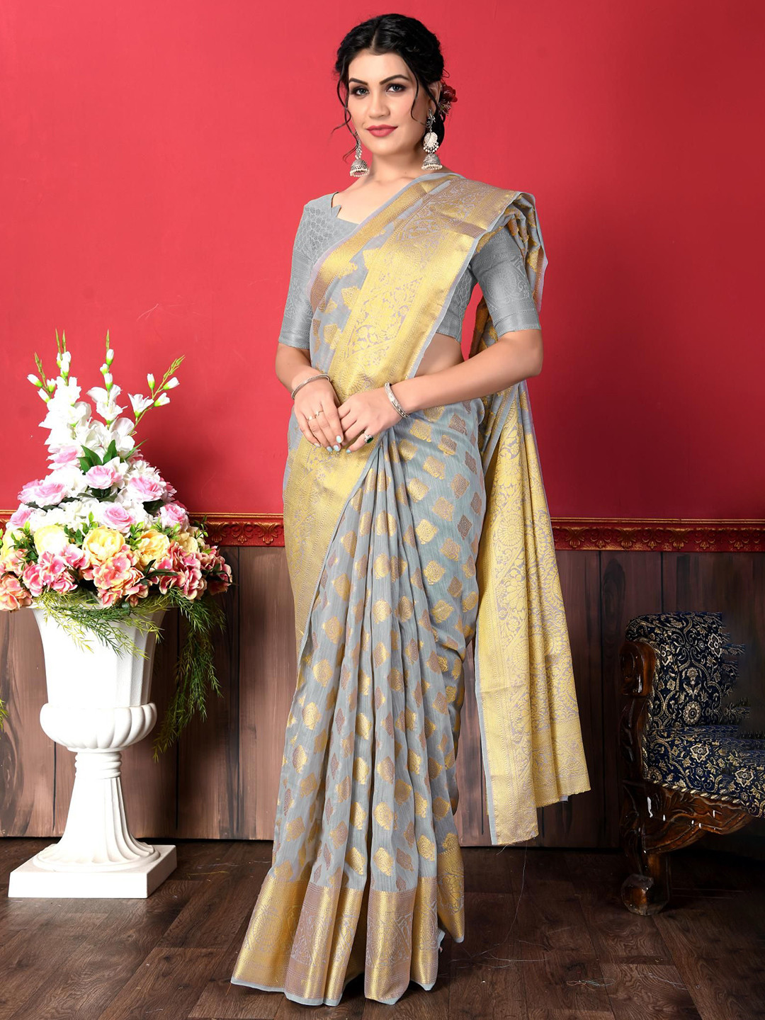 

Areca Designer Ethnic Motifs Zari Linen Blend Banarasi Saree, Grey