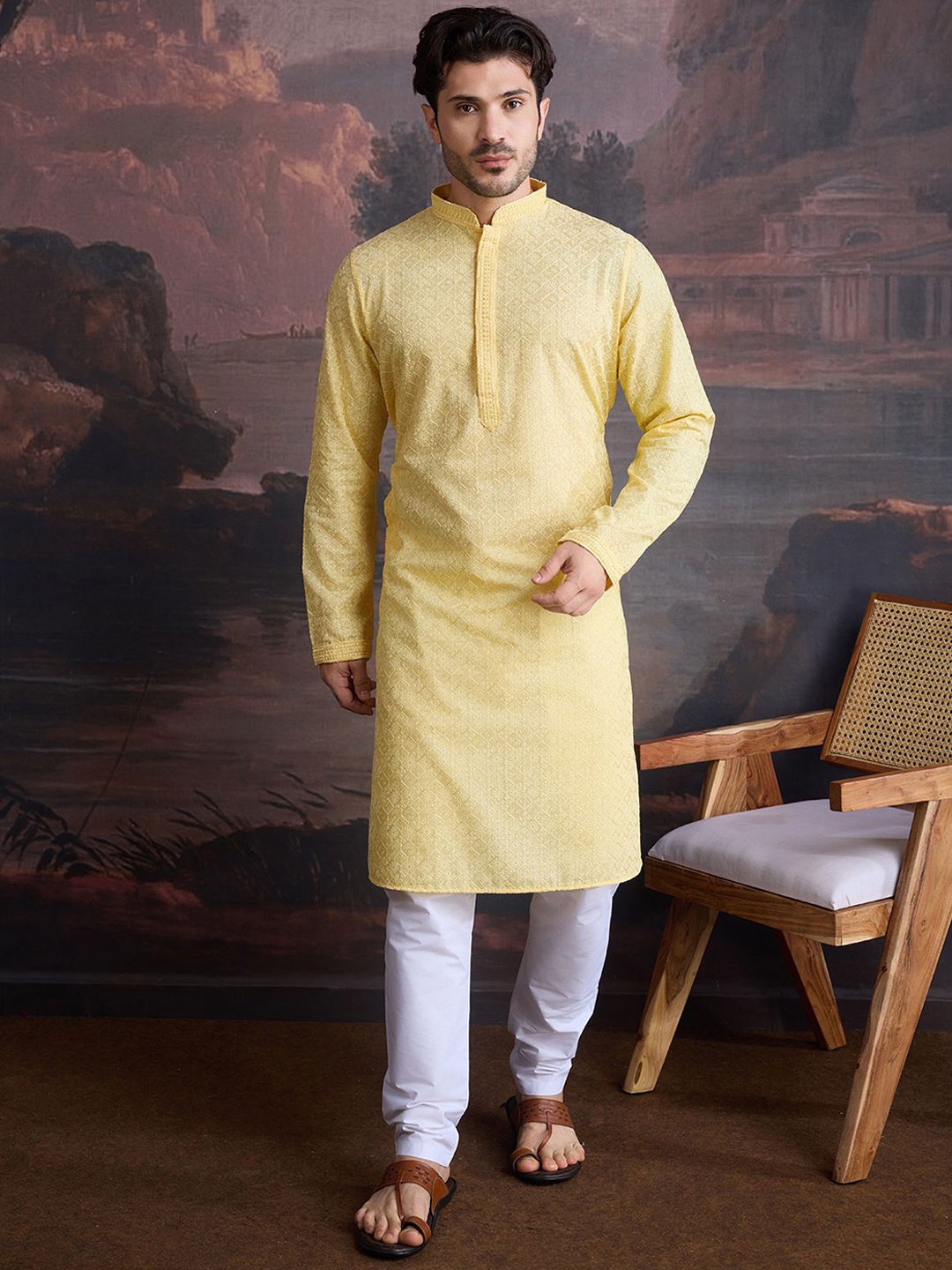 

House of Pataudi Embroidered Mandarin Collar Chikankari Cotton Straight Kurta, Yellow