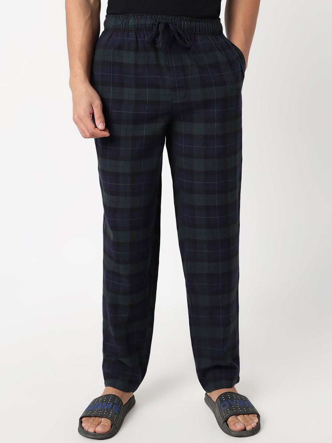 

R&B Checked Cotton Mid Rise Straight Lounge Pants, Green