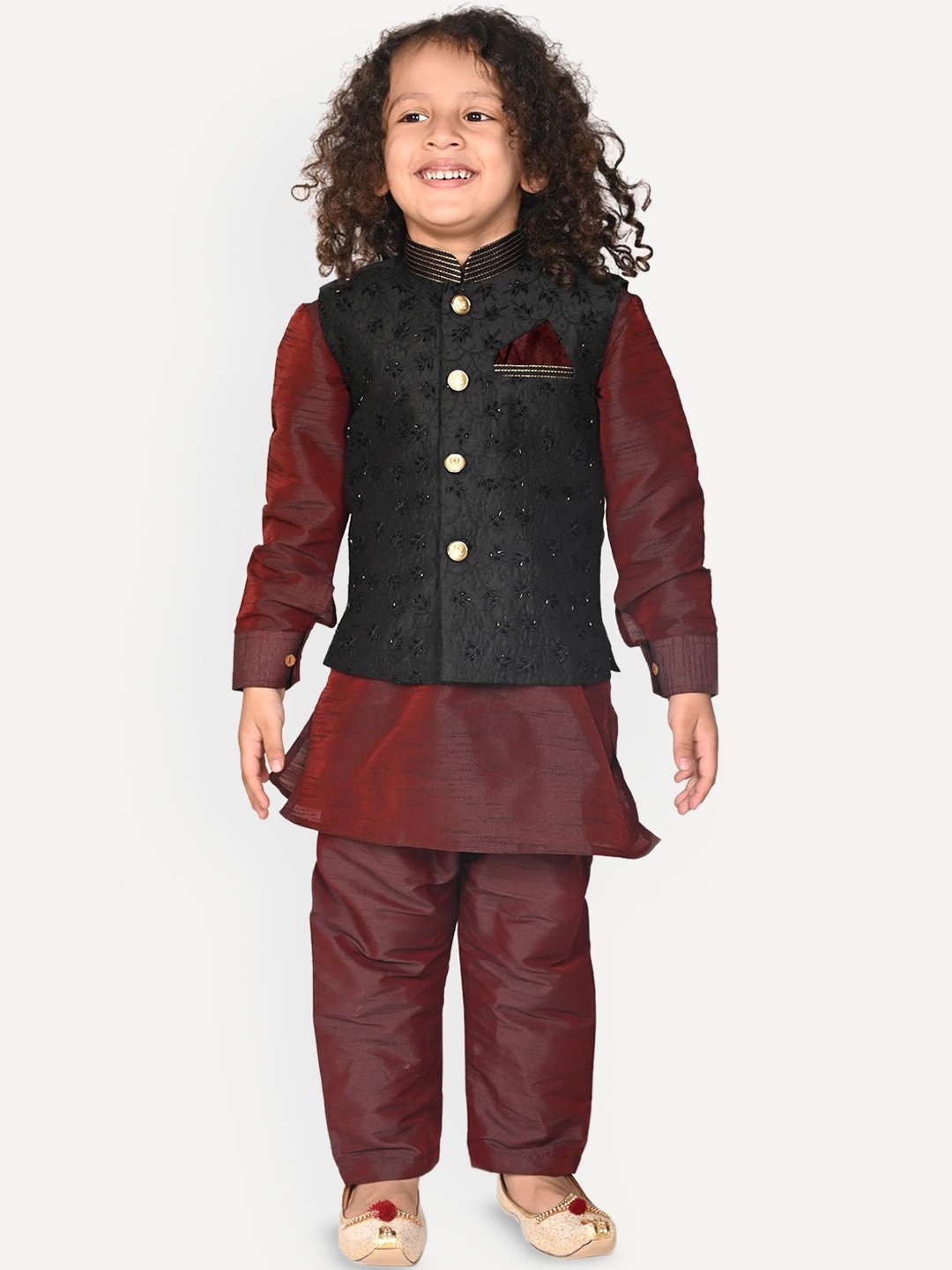 

Pehanaava Boys Mandarin Collar Kurta with Pyjamas & Waistcoat, Burgundy