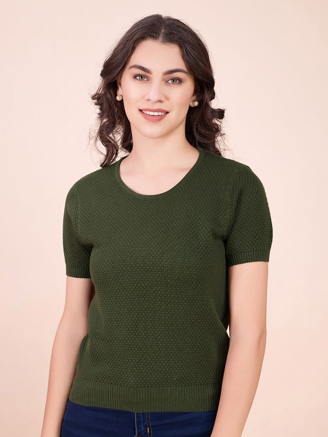 

CARTYSHOP Women Self Design Round Neck Cotton Top, Olive