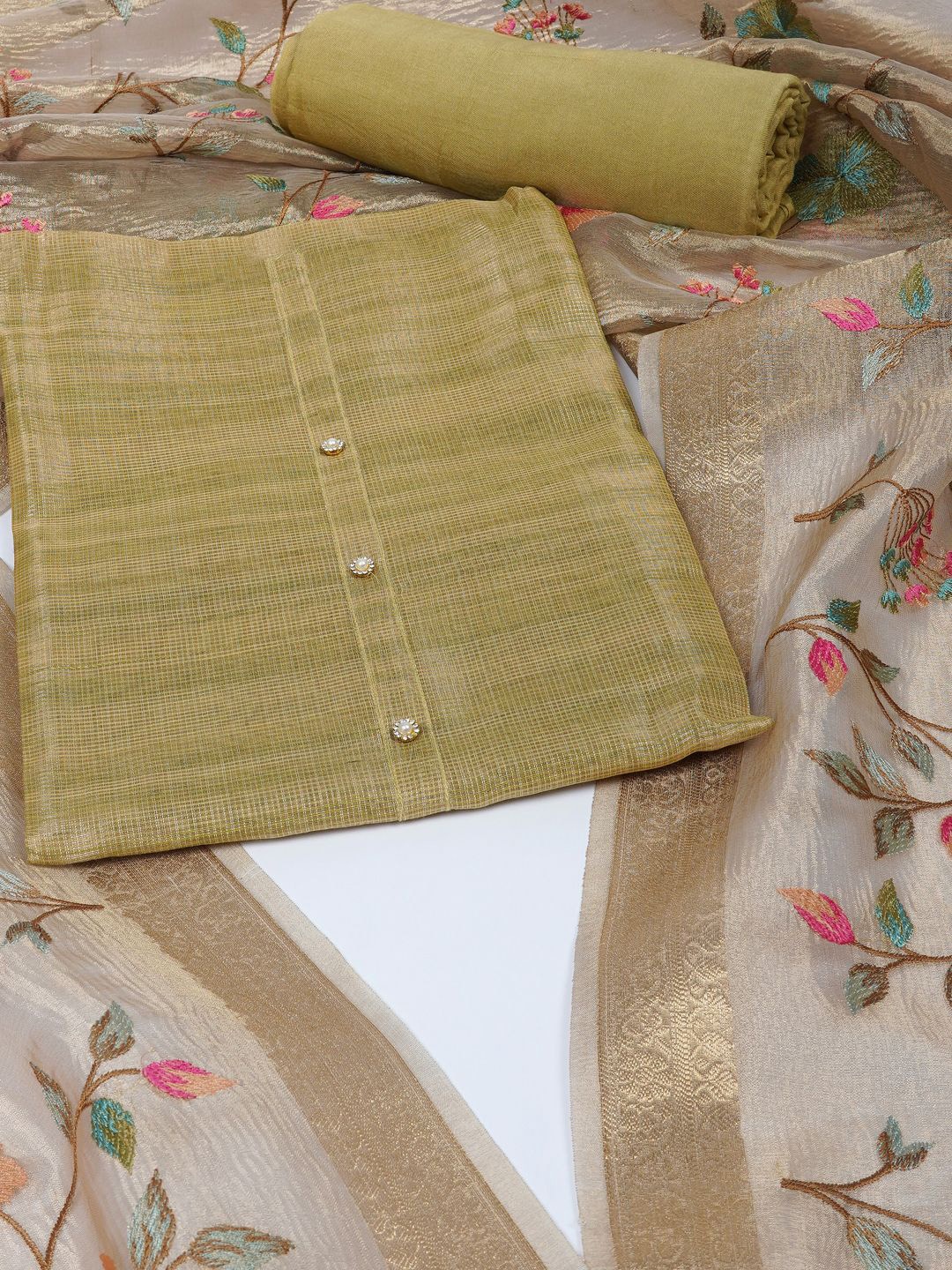 

KAMI KUBI Floral Embroidered Unstitched Dress Material, Beige