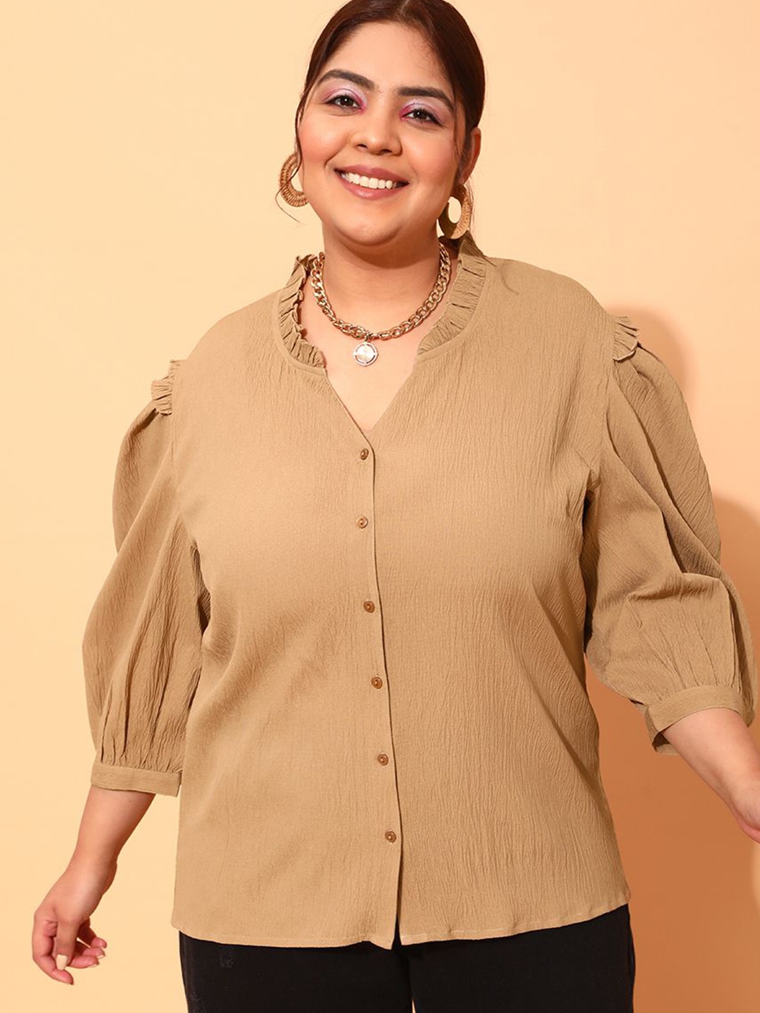 

CURVY STREET WoMen Plus Size Comfort Mandarin Collar Solid Casual Shirt, Beige