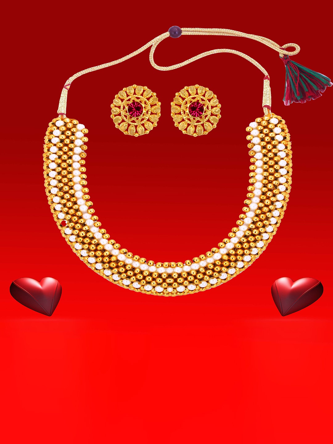 

Heer Collection Gold Plated Artificial Beads Studded Thushi Choker Necklace With Earrings