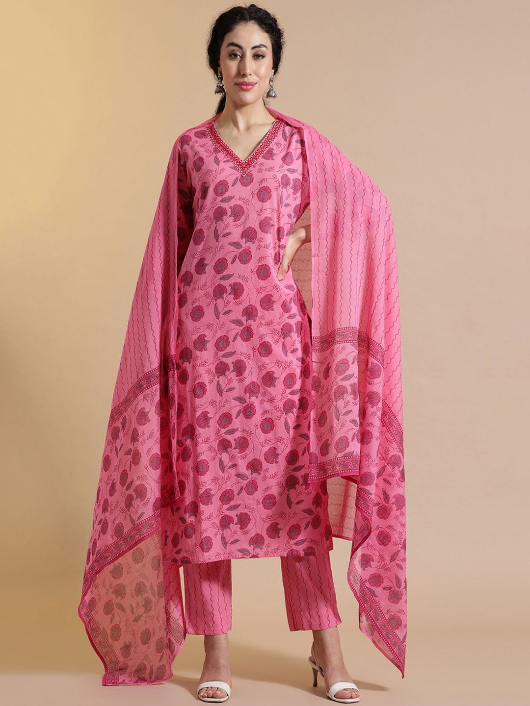 

STYLEBAAZI Women Floral Printed Thread Work Pure Cotton Kurta with Trousers & Dupatta, Pink