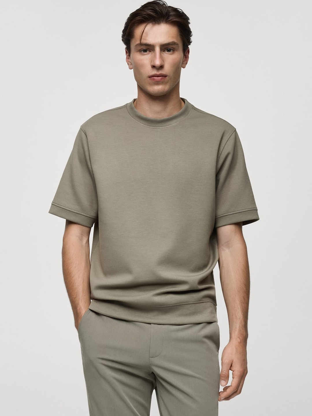 

MANGO MAN Drop-Shoulder Sleeves T-shirt, Taupe