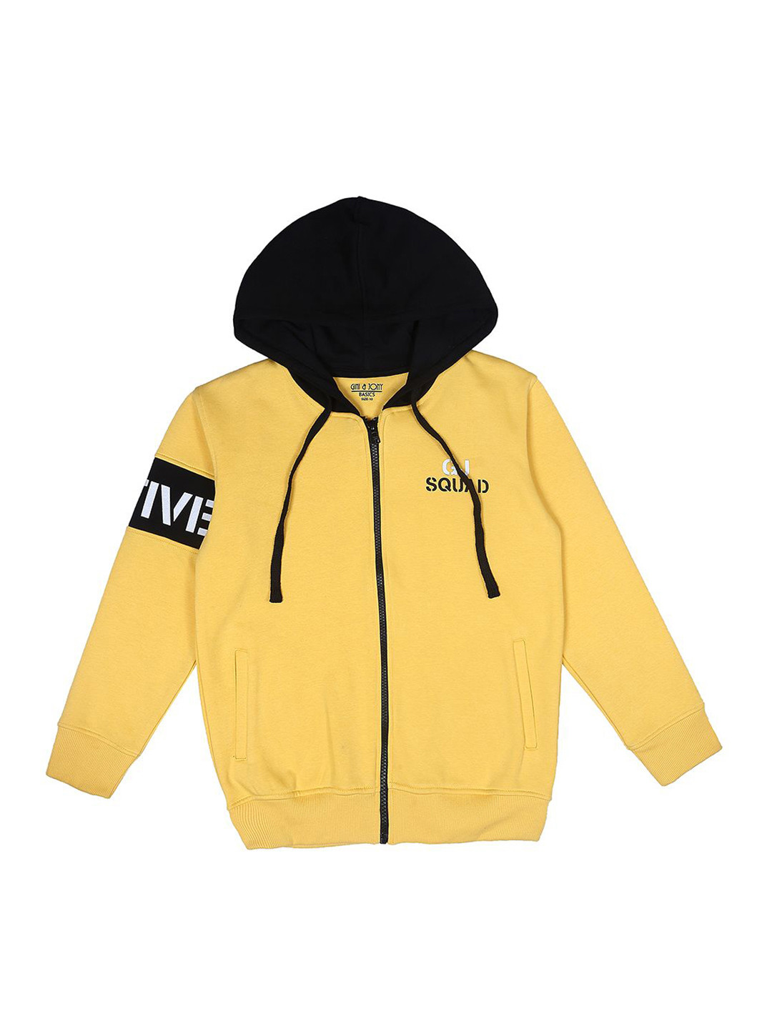 

Gini and Jony Boys Cotton Hooded Typography Printed Sporty Jacket, Yellow