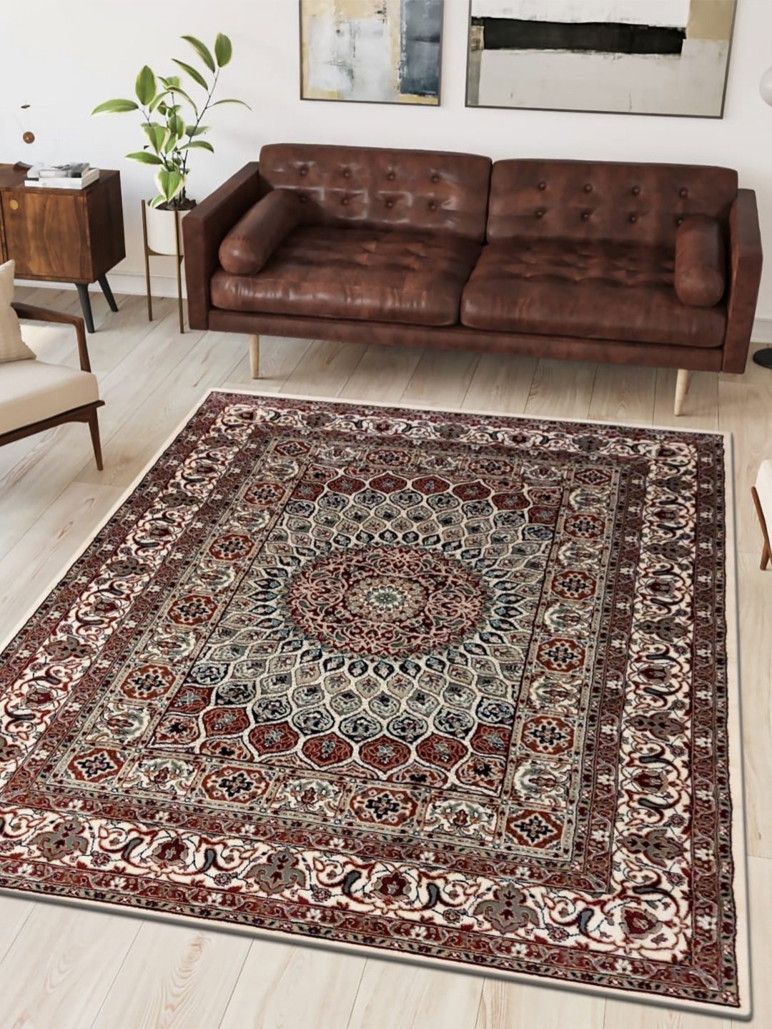 

Carpet Decore White & Maroon Ethnic Motifs Printed Nylon Carpet