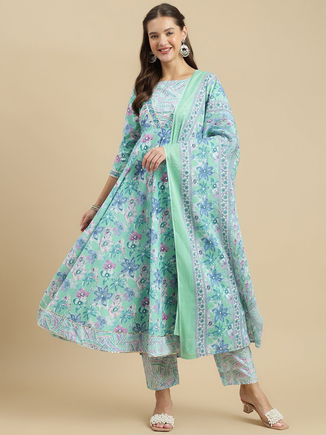 

KALINI Floral Printed Mirro Work Pure Cotton Anarkali Kurta With Trousers & Dupatta, Sea green