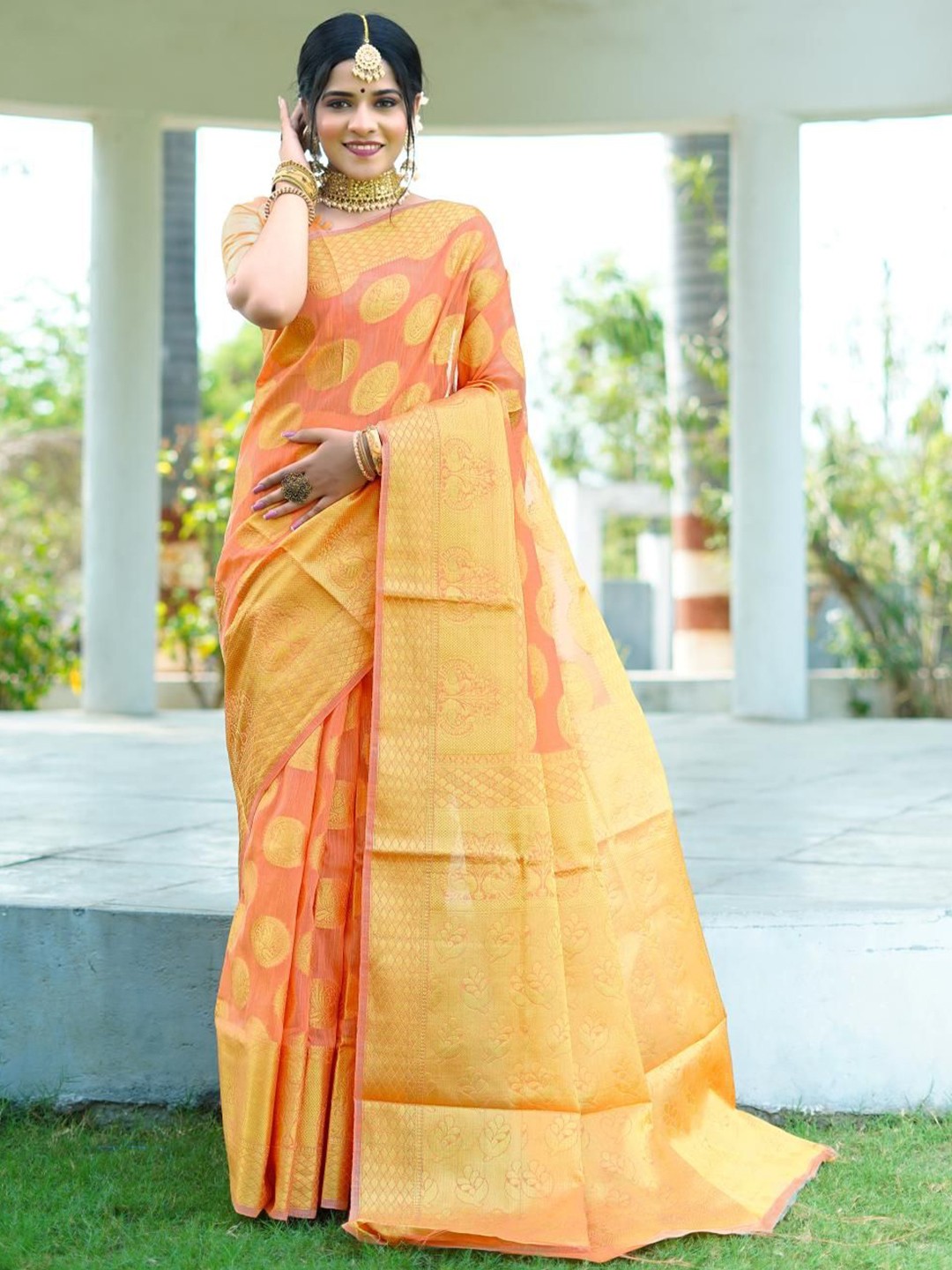 

Areca Designer Ethnic Motifs Zari Linen Blend Banarasi Saree, Orange