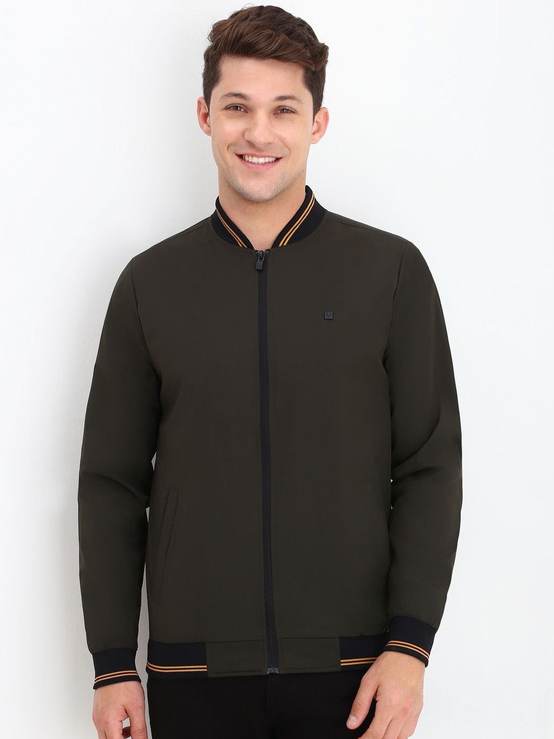 

Allen Solly Men Mandarin Collar Bomber Jacket, Olive