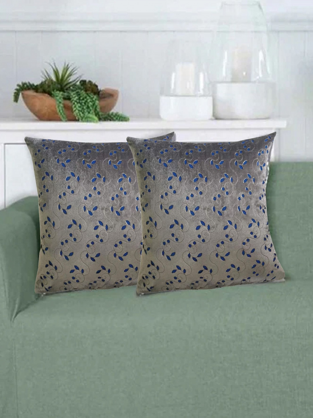 

Lushomes Grey & Blue Set of 2 Floral Velvet Square Cushion Covers