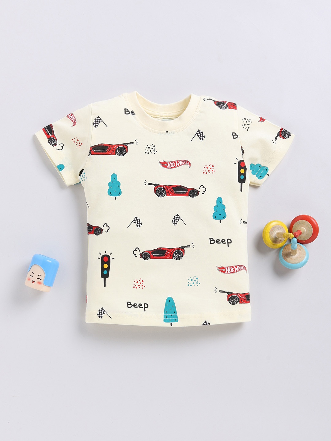 

YK X Minute Mirth Boys Hot Wheels Printed Cotton T-shirt, Cream