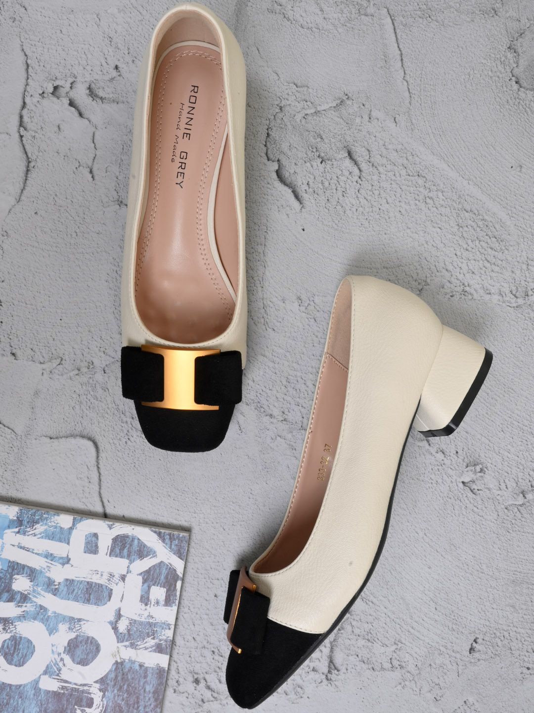 

Ronnie Colourblocked PU Block Pumps with Buckles, Off white