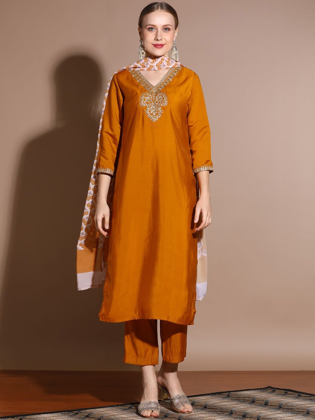 

Jaipur Kurti Floral Yoke Design Straight Zari Kurta with Trousers & Dupatta, Mustard