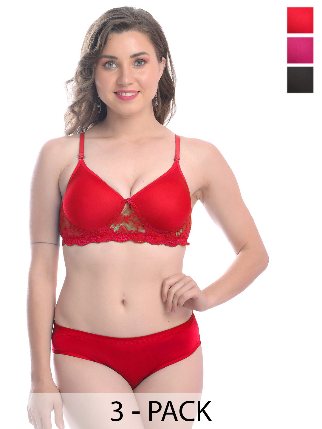 

AROUSY Pack Of 3 Women Lightly Padded Lingerie Set, Red