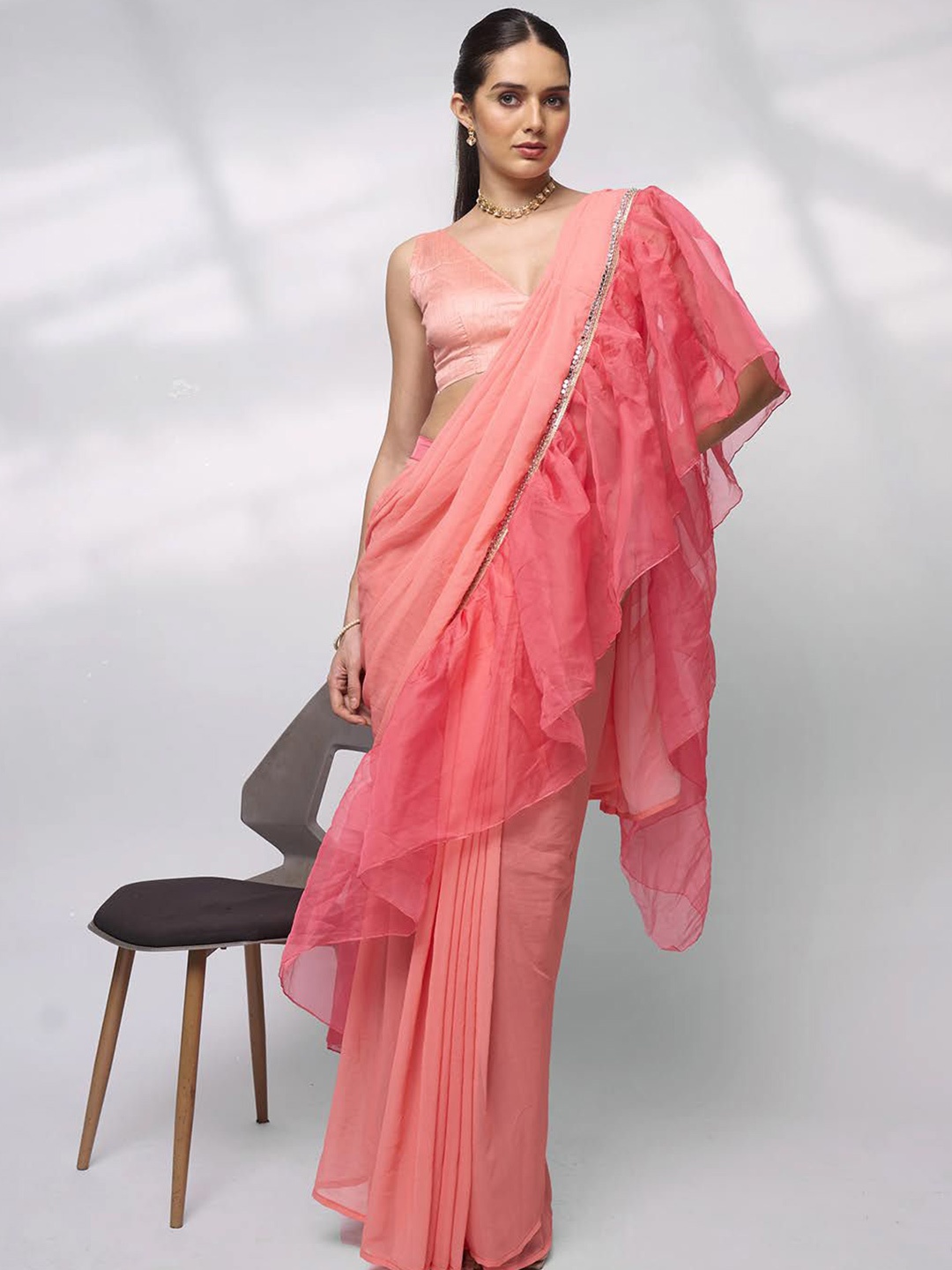 

Kalista Solid Mirror Work Pure Chiffon Ready to Wear Saree, Peach