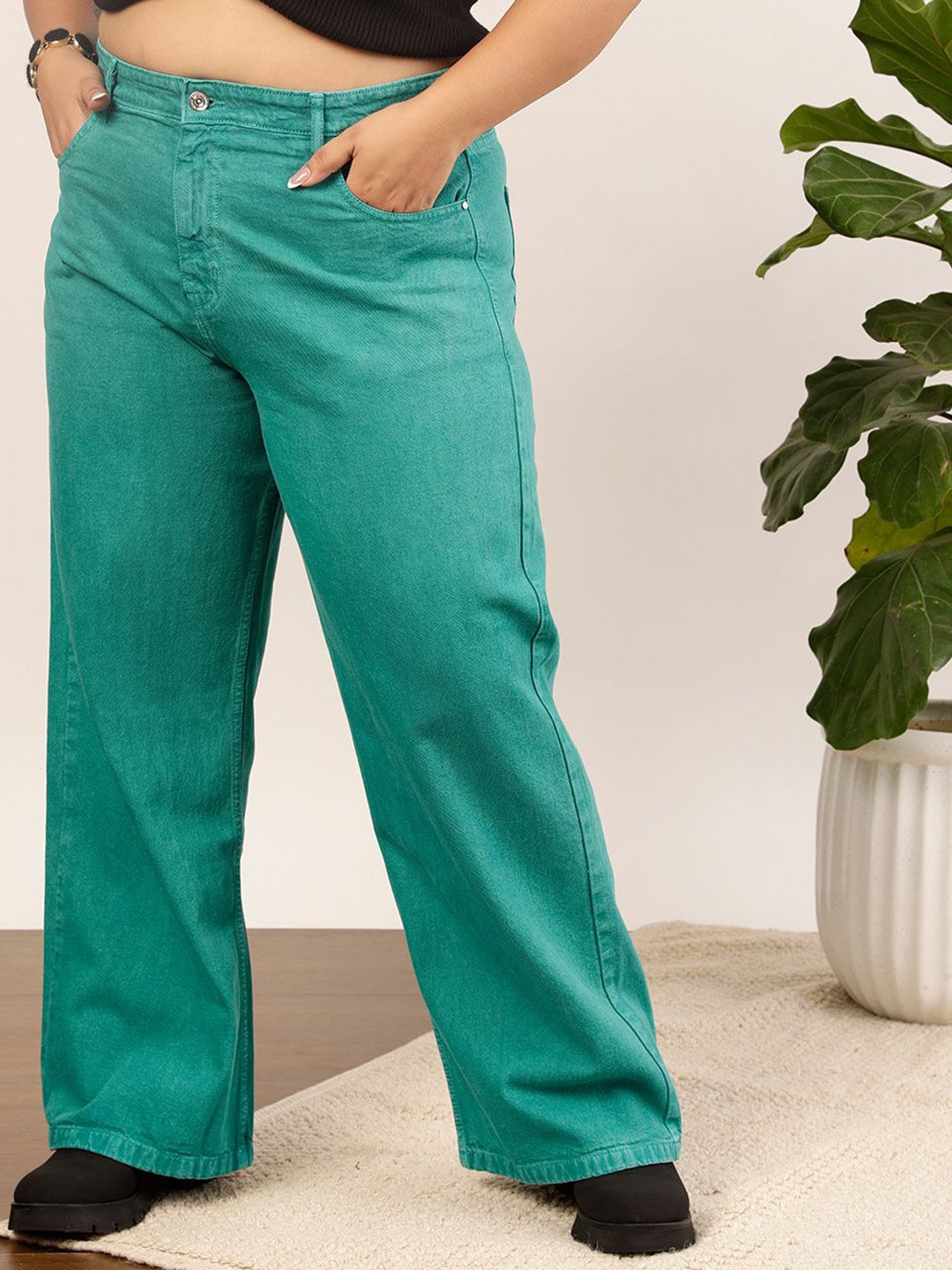 

CURVY STREET Women Jean Wide Leg Pure Cotton Denim Jeans, Sea green