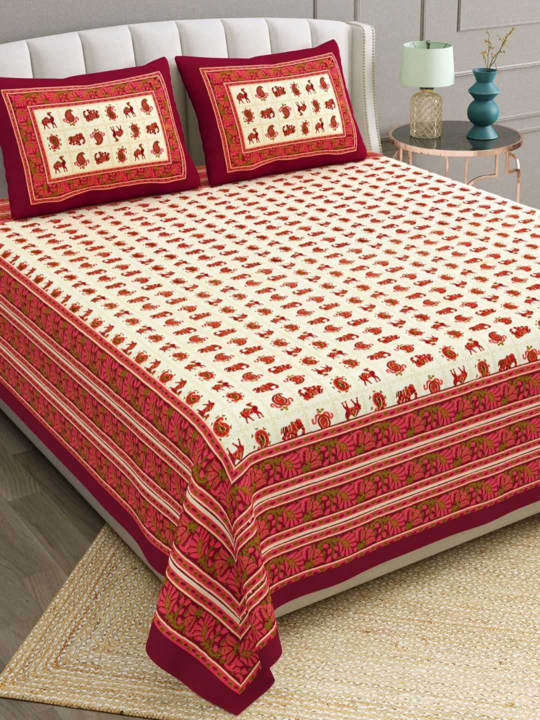 

The Craft Monk Maroon & Beige Ethnic 240 TC Cotton Double King Bedsheet & 2 Pillow Covers