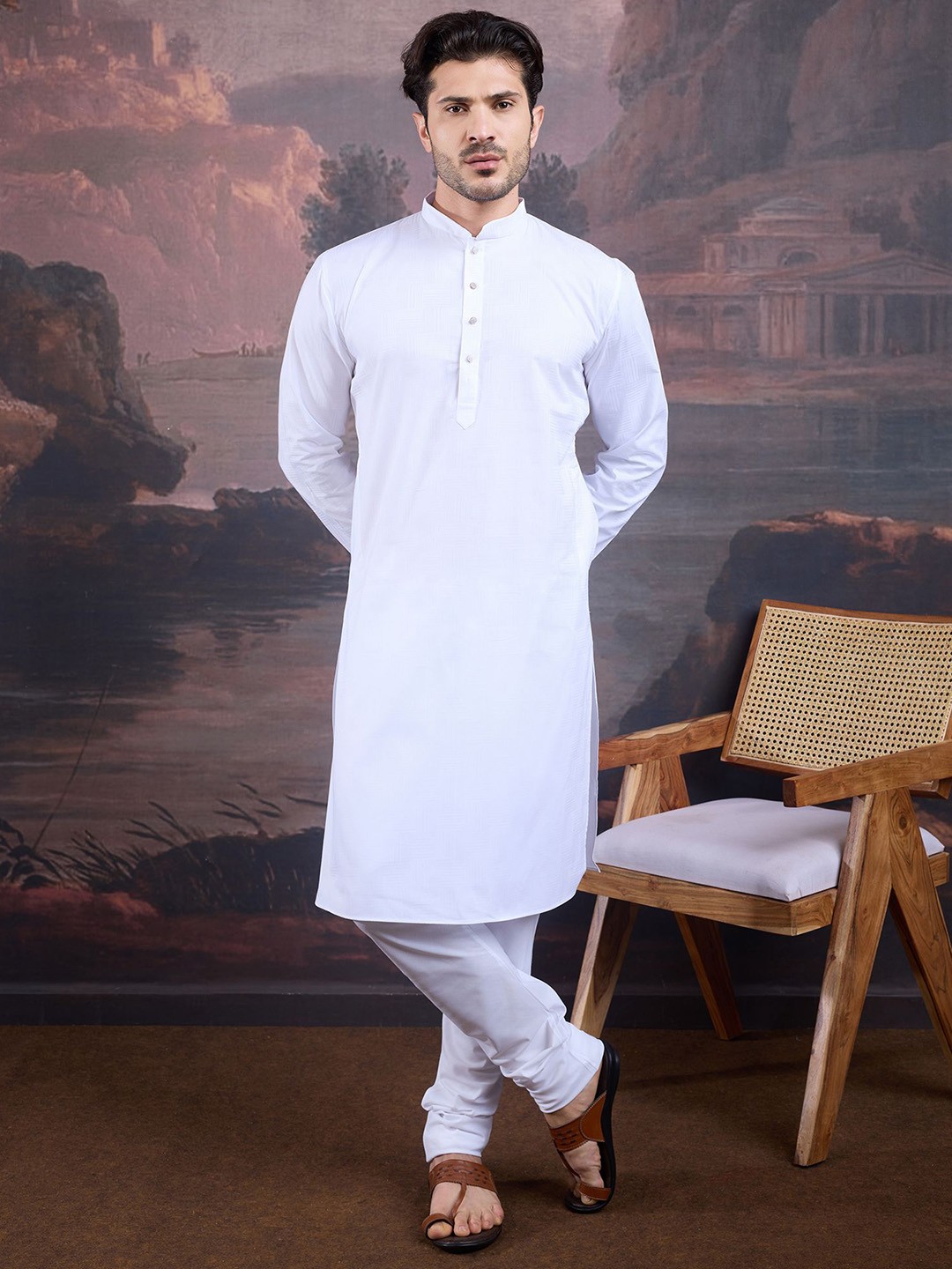 

House of Pataudi Geometric Woven Design Mandarin Collar Long Sleeves Kurta, White