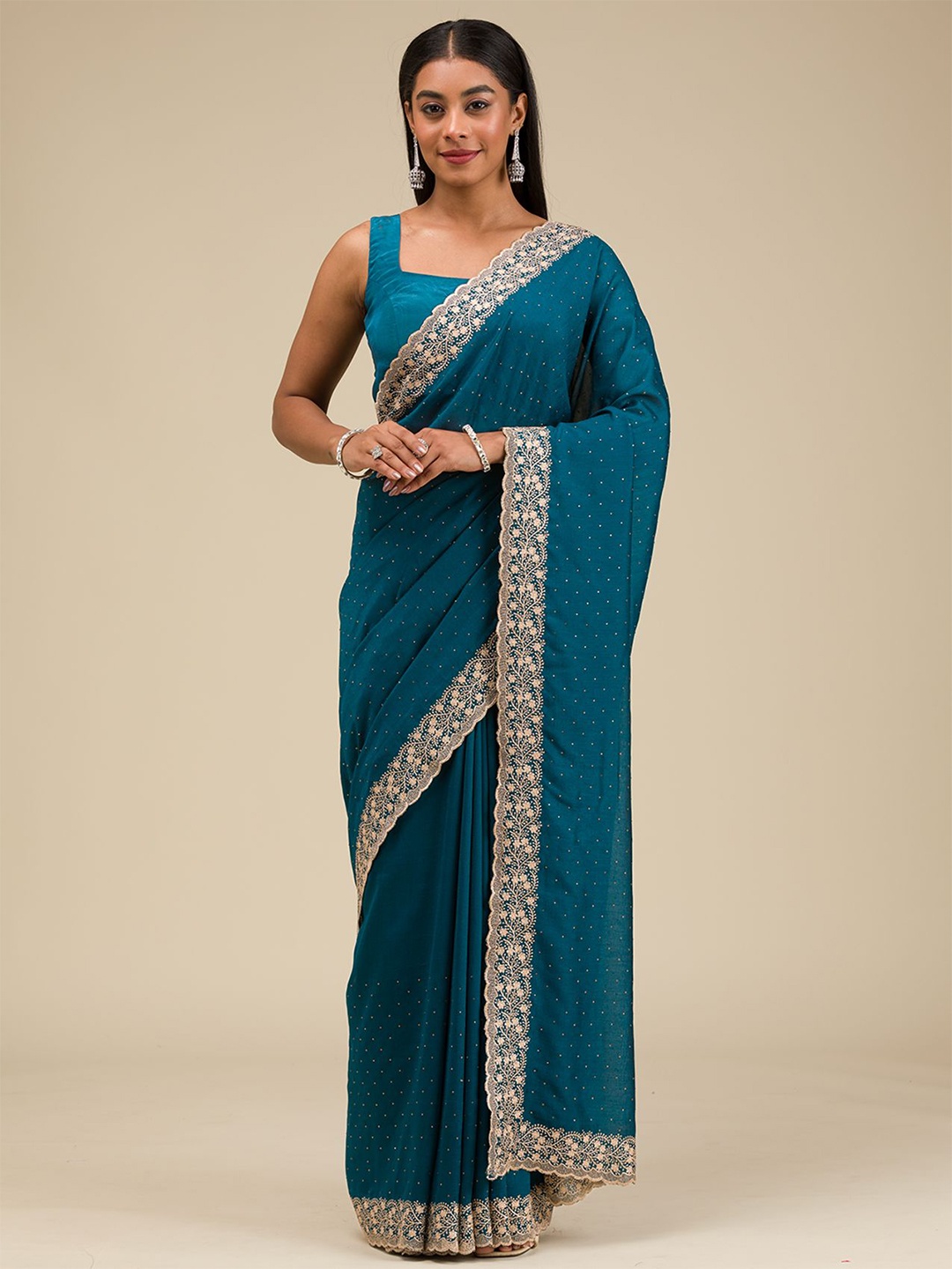 

Koskii Embellished Embroidered Saree, Teal