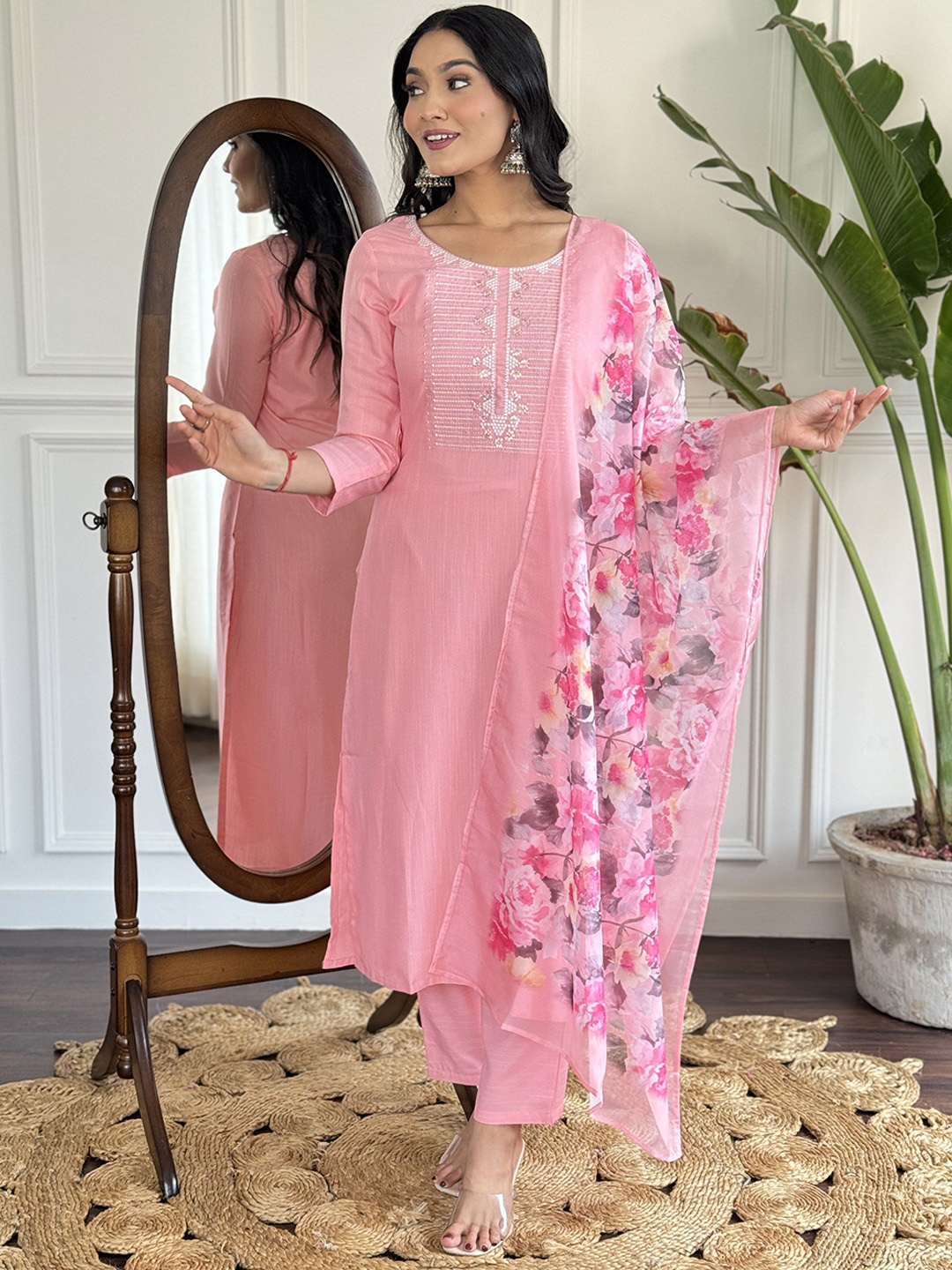 

KALINI Floral Yoke Design Sequinned Kurta With Trousers & Dupatta, Pink