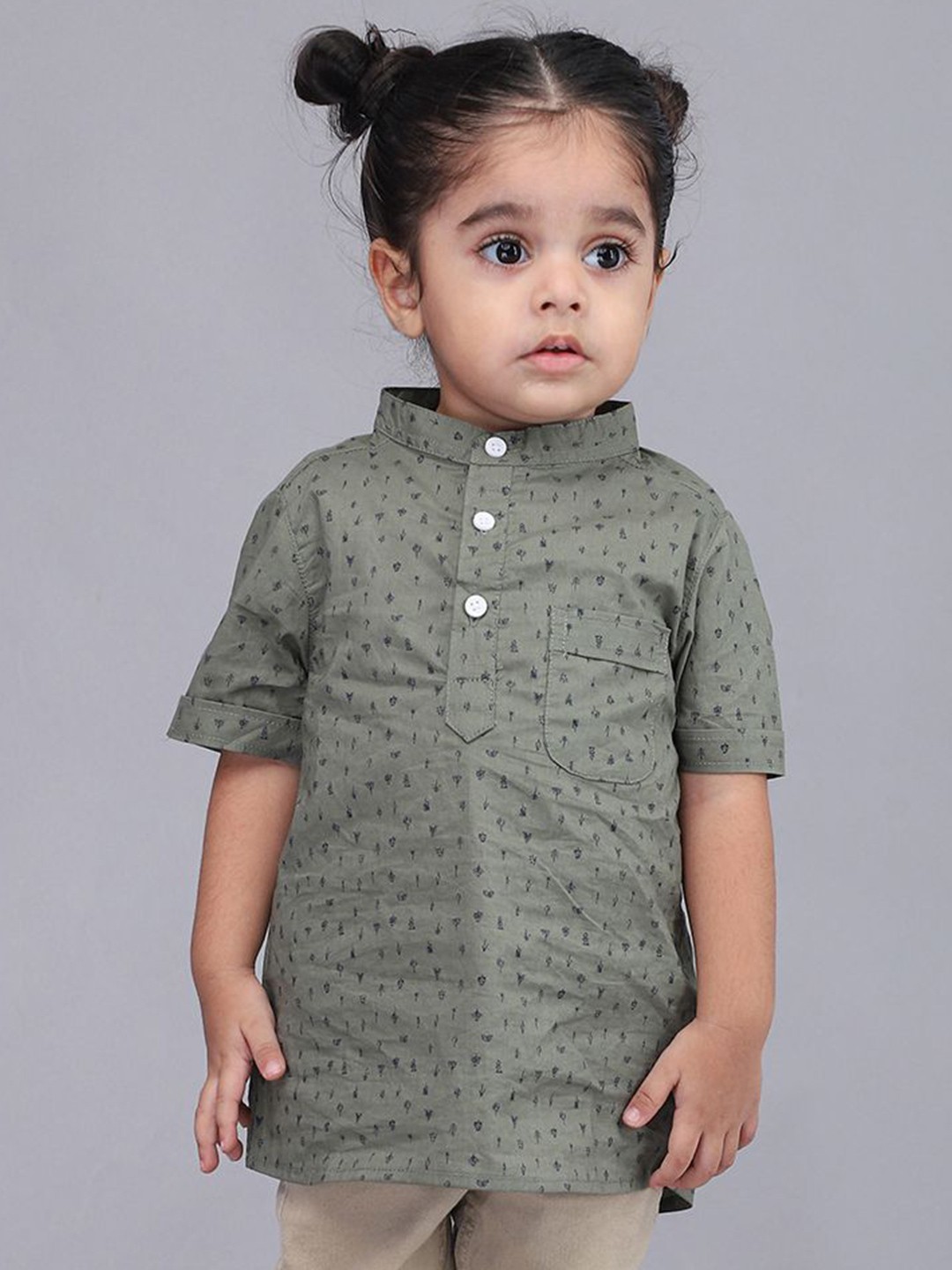 

Biglilpeople Boys Standard Band Collar Abstract Printed Cotton Casual Shirt, Green