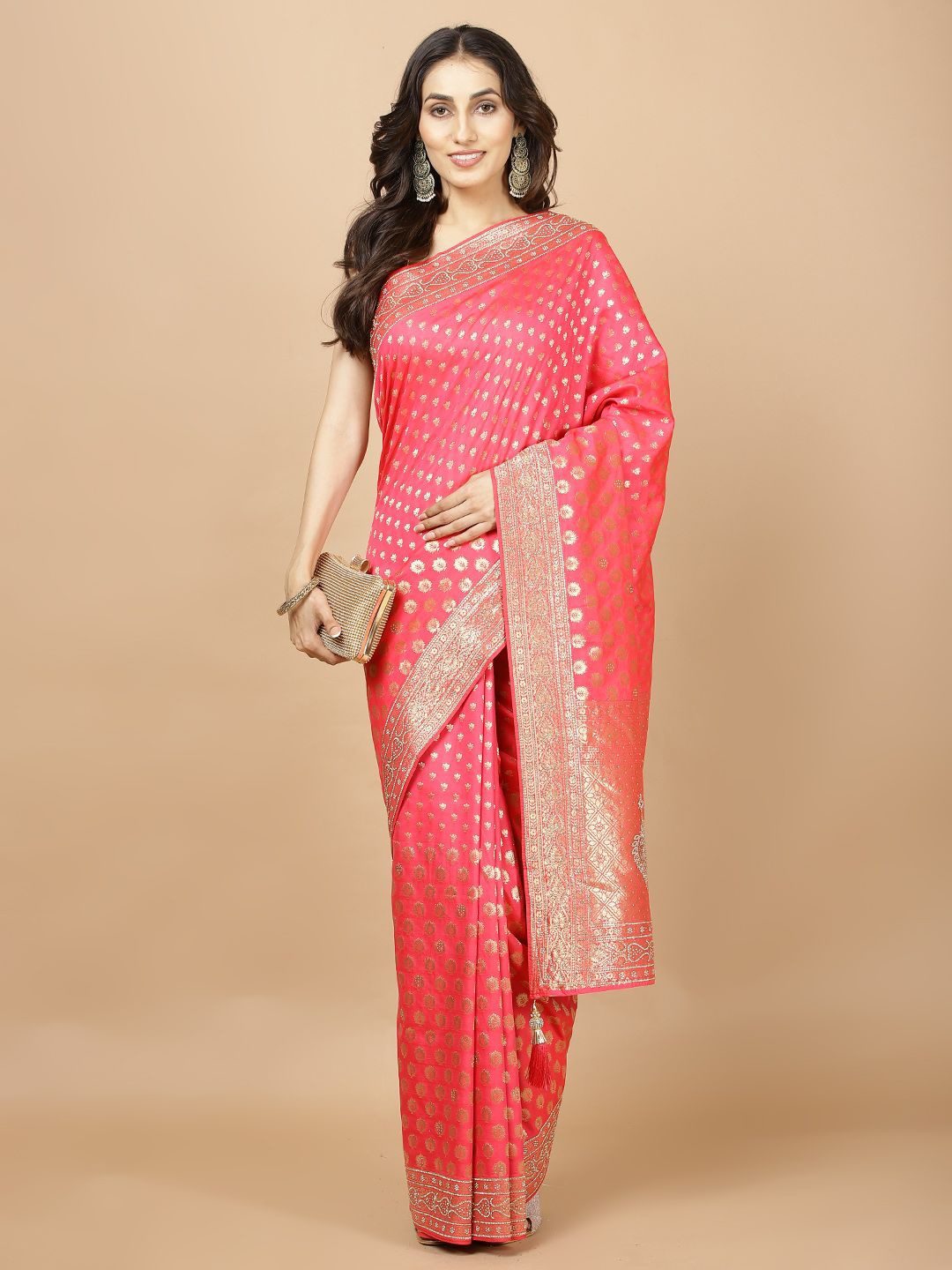 

Meena Bazaar Ethnic Motifs Booti Woven Art Silk Banarasi Saree, Pink