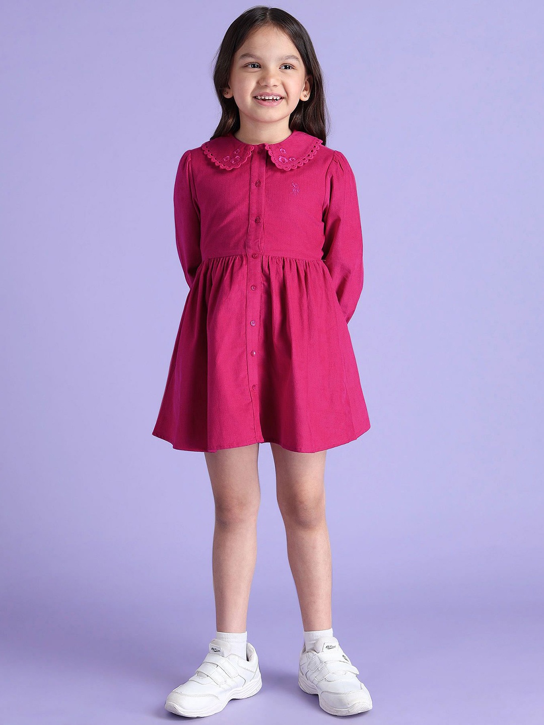 

U.S. Polo Assn. Kids Girls Peter Pan Collar Bishop Sleeve Fit & Flare Dress, Pink