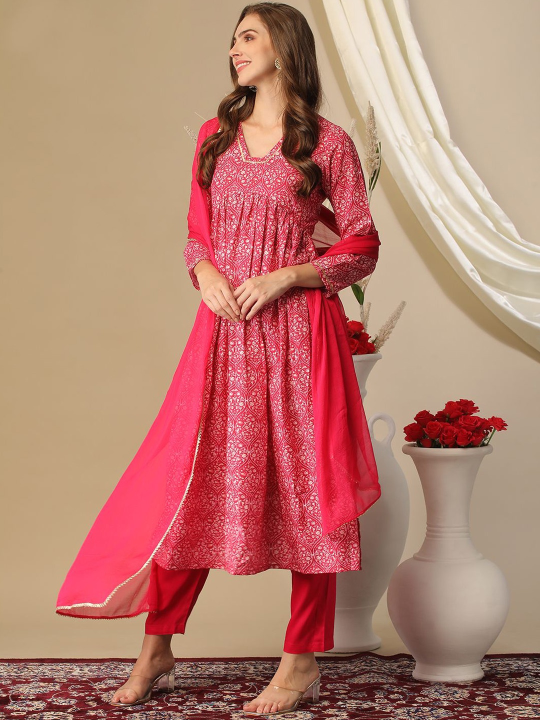 

Anni Designer Floral Printed V-Neck A-Line Kurta with Trousers & Dupatta, Pink