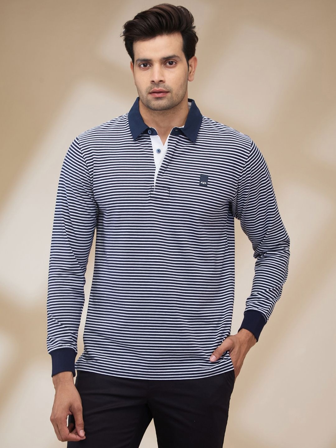 

ColorPlus Men Striped Polo Collar Cotton T-shirt, Blue