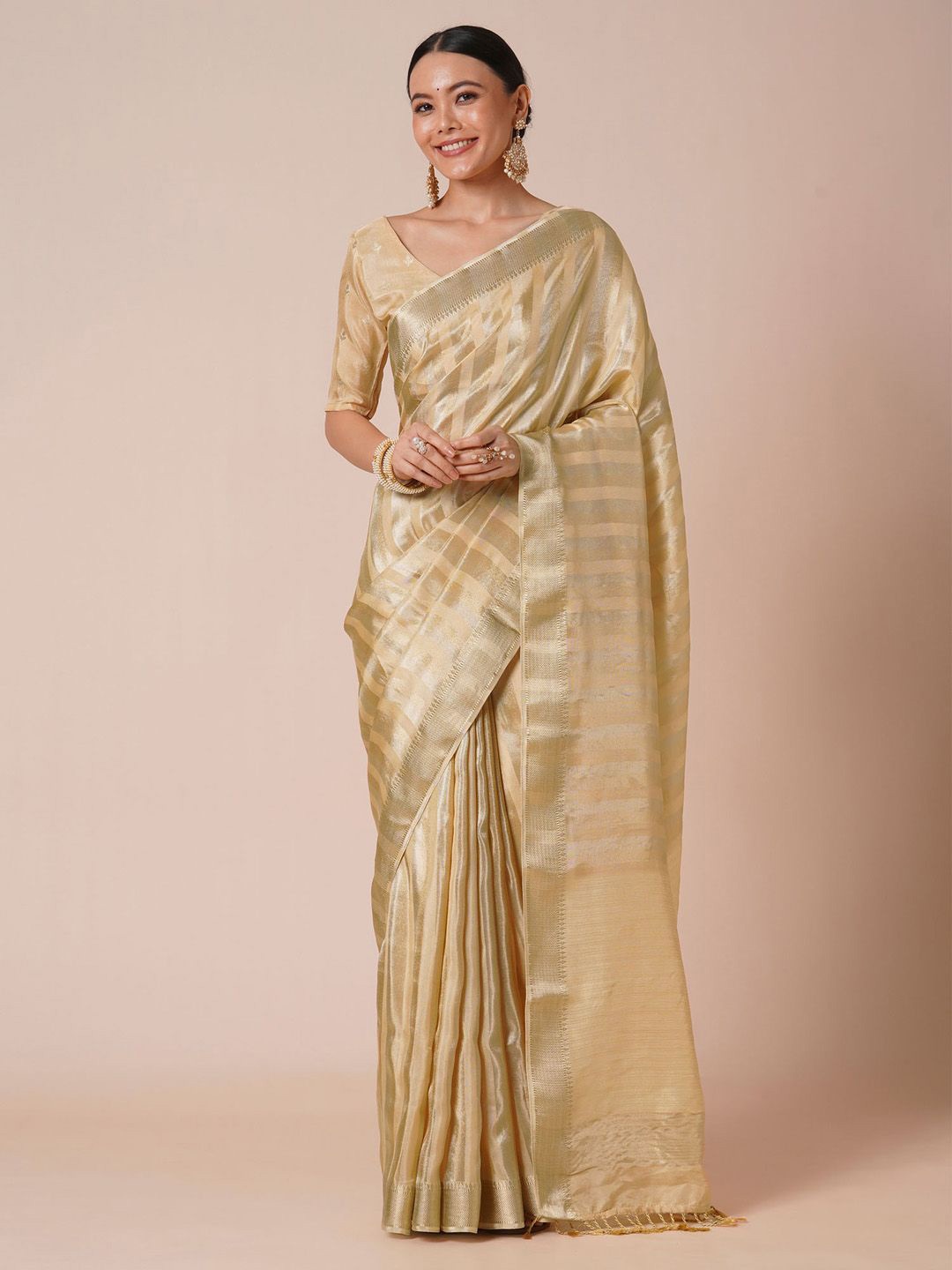 

Anouk Striped Zari Silk Blend Banarasi Saree, Cream