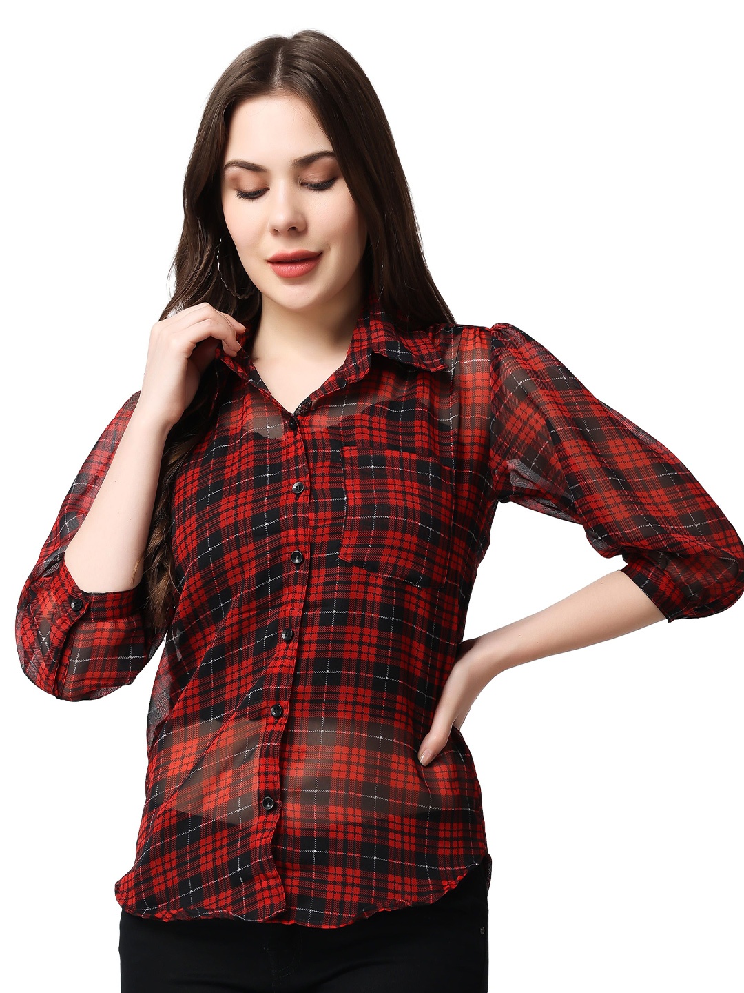 

BAESD Women Classic Spread Collar Tartan Checked Casual Shirt, Red