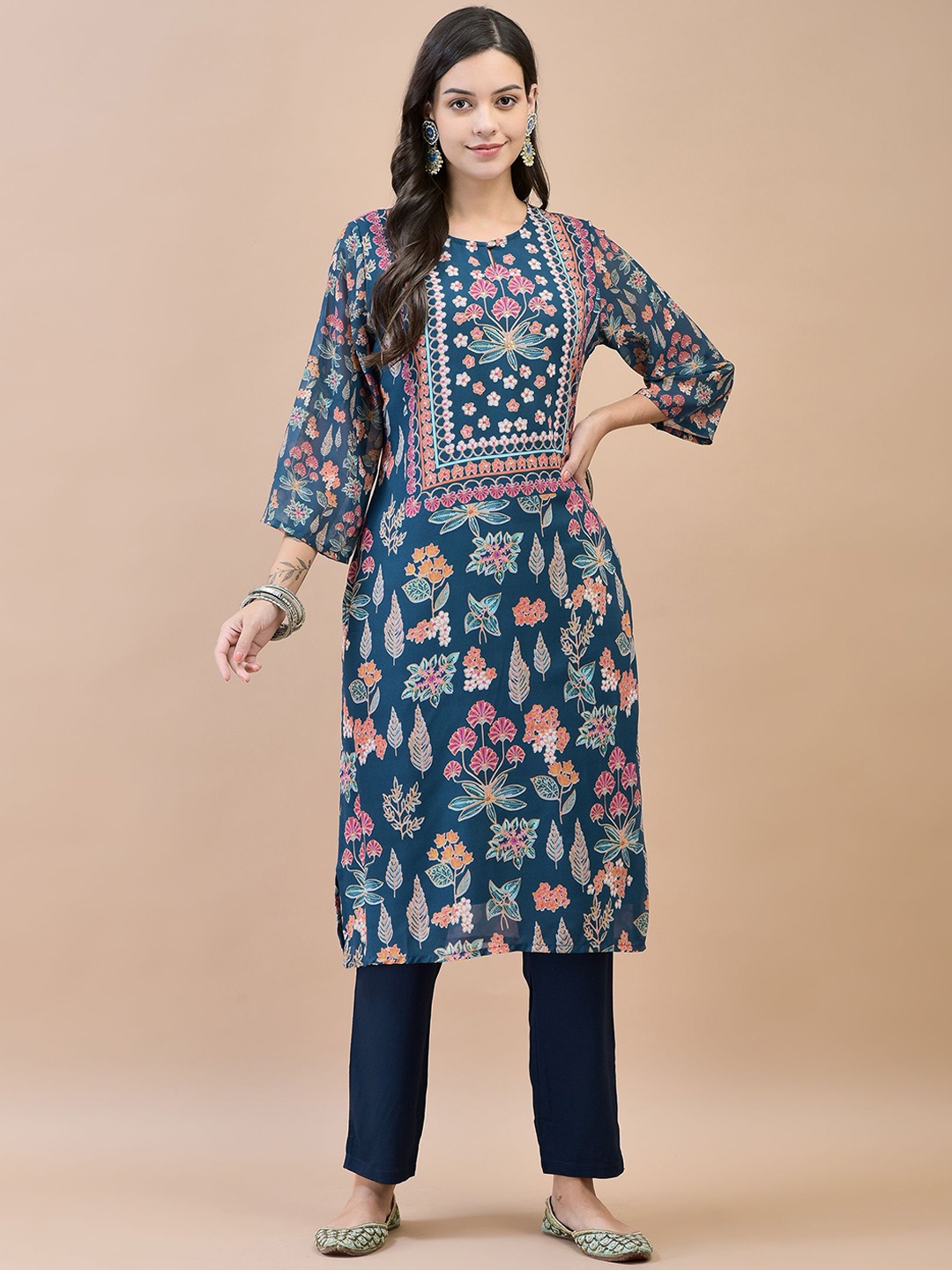 

Shree Floral Printed Keyhole Neck Sequinned Georgette Straight Kurta, Blue