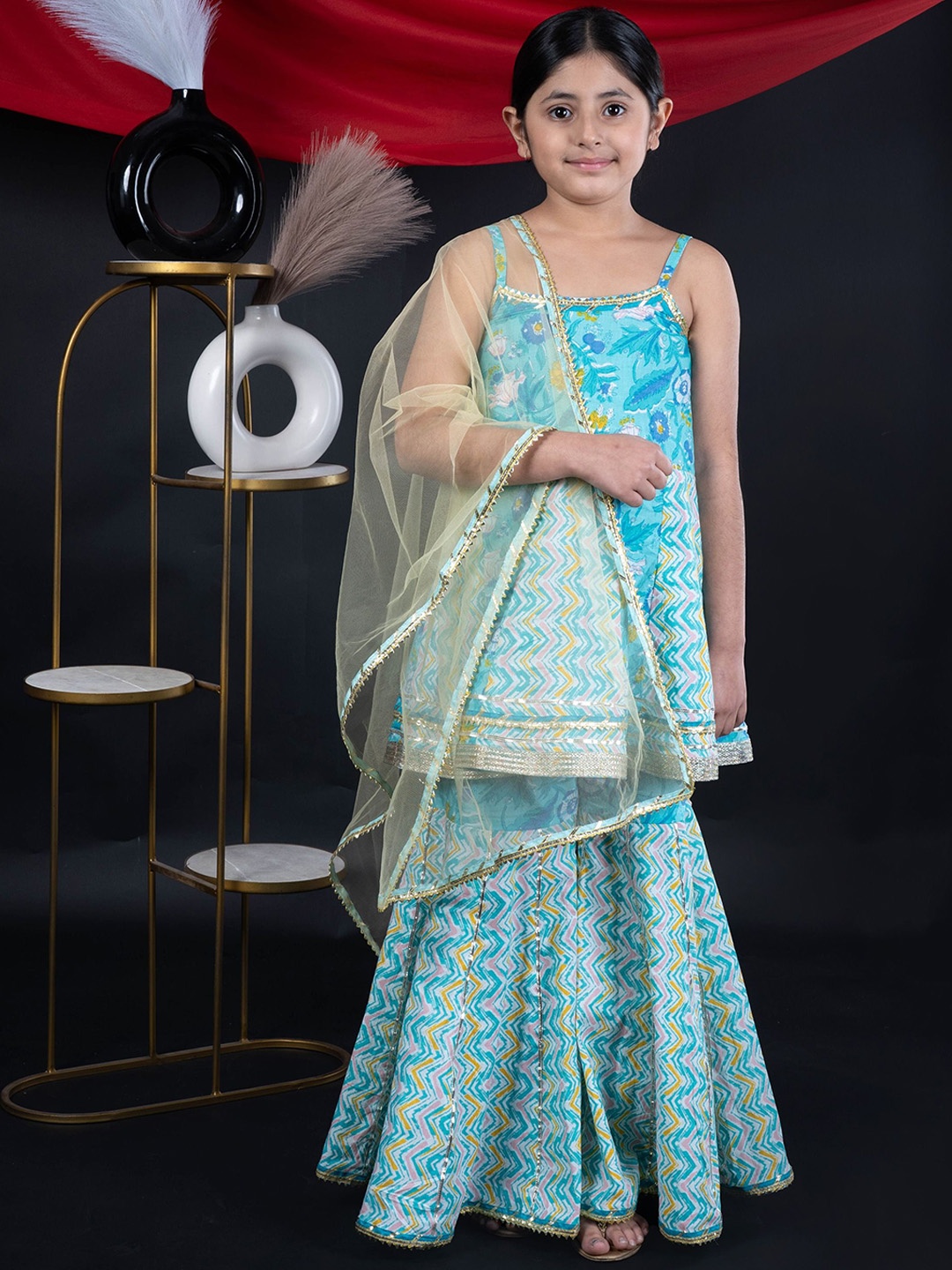 

BEBE UNICORN Girls Floral Printed Gotta Patti Pure Cotton Kurta With Sharara & Dupatta, Blue