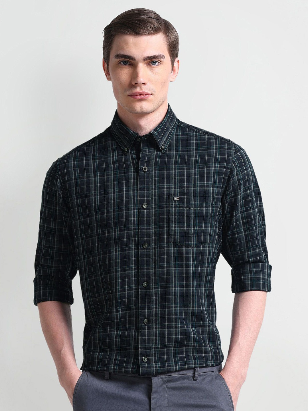 

Arrow Sport Men Slim Fit Tartan Checks Opaque Checked Formal Shirt, Green