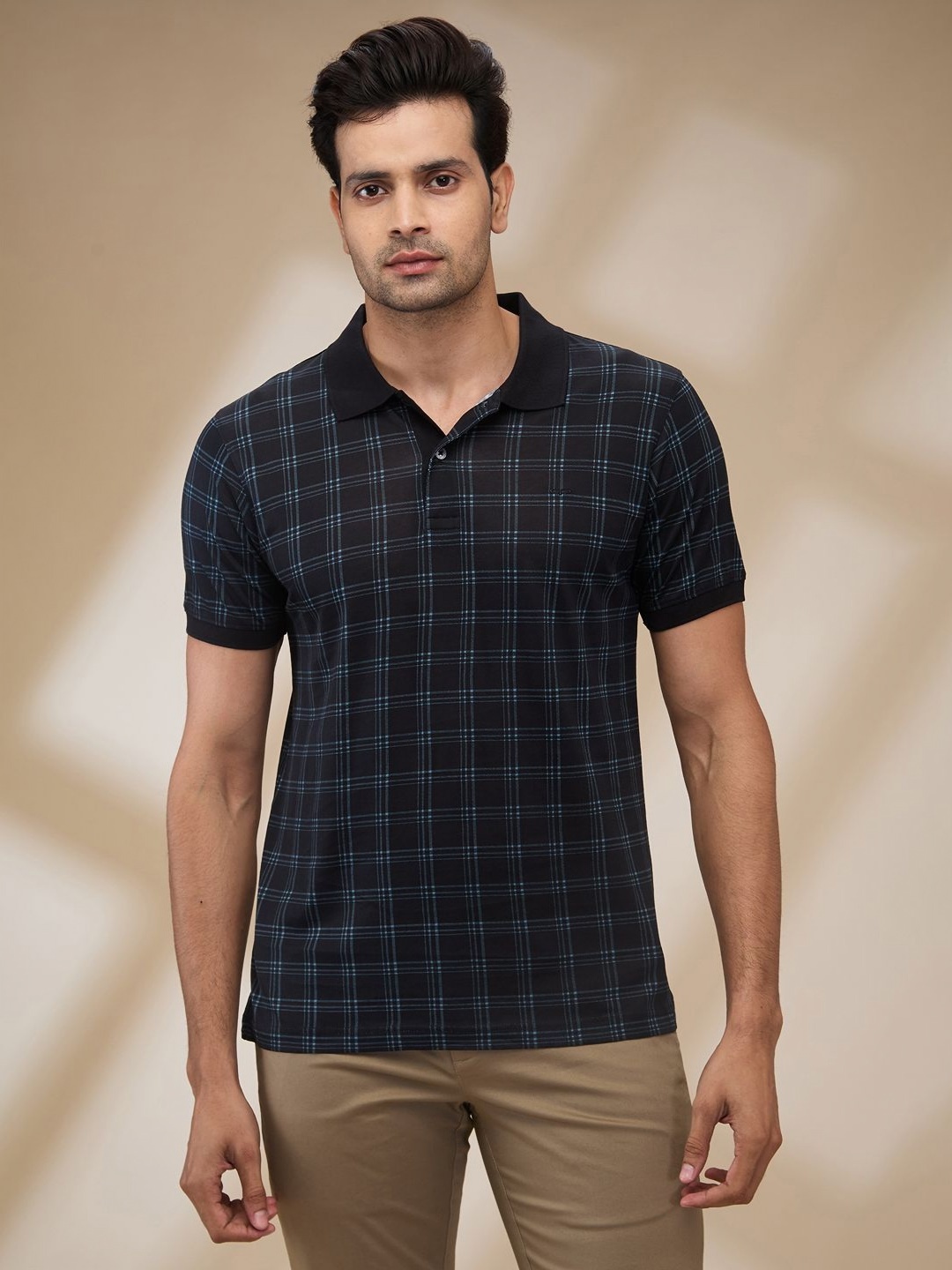 

ColorPlus Men Checked Polo Collar Cotton T-shirt, Black